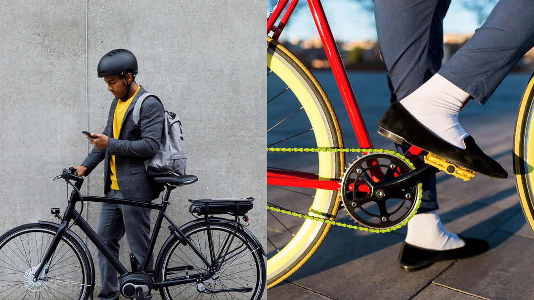 Man on commuter e-bike looking at phone while stopped; dress loafers and slacks zoomed in on bike pedals