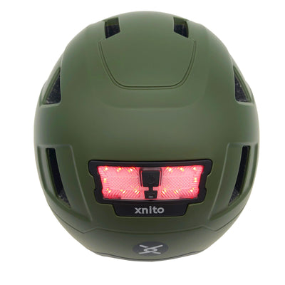 rear view of xnito moss green ebike helmet with rear light
