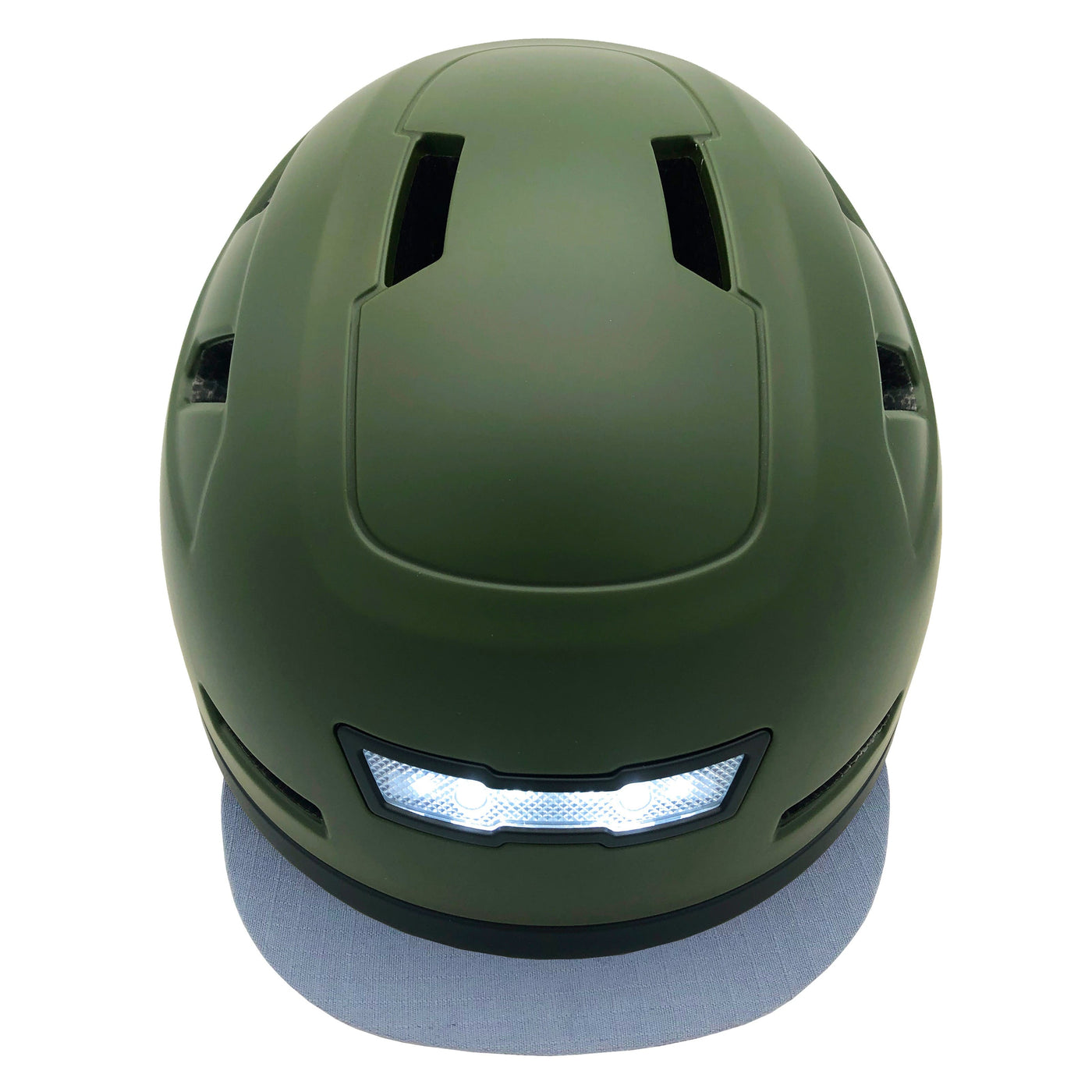 front view of moss xnito ebike helmet showing light and visor