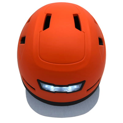top/front view of xnito ebike helmet showing lights and visor