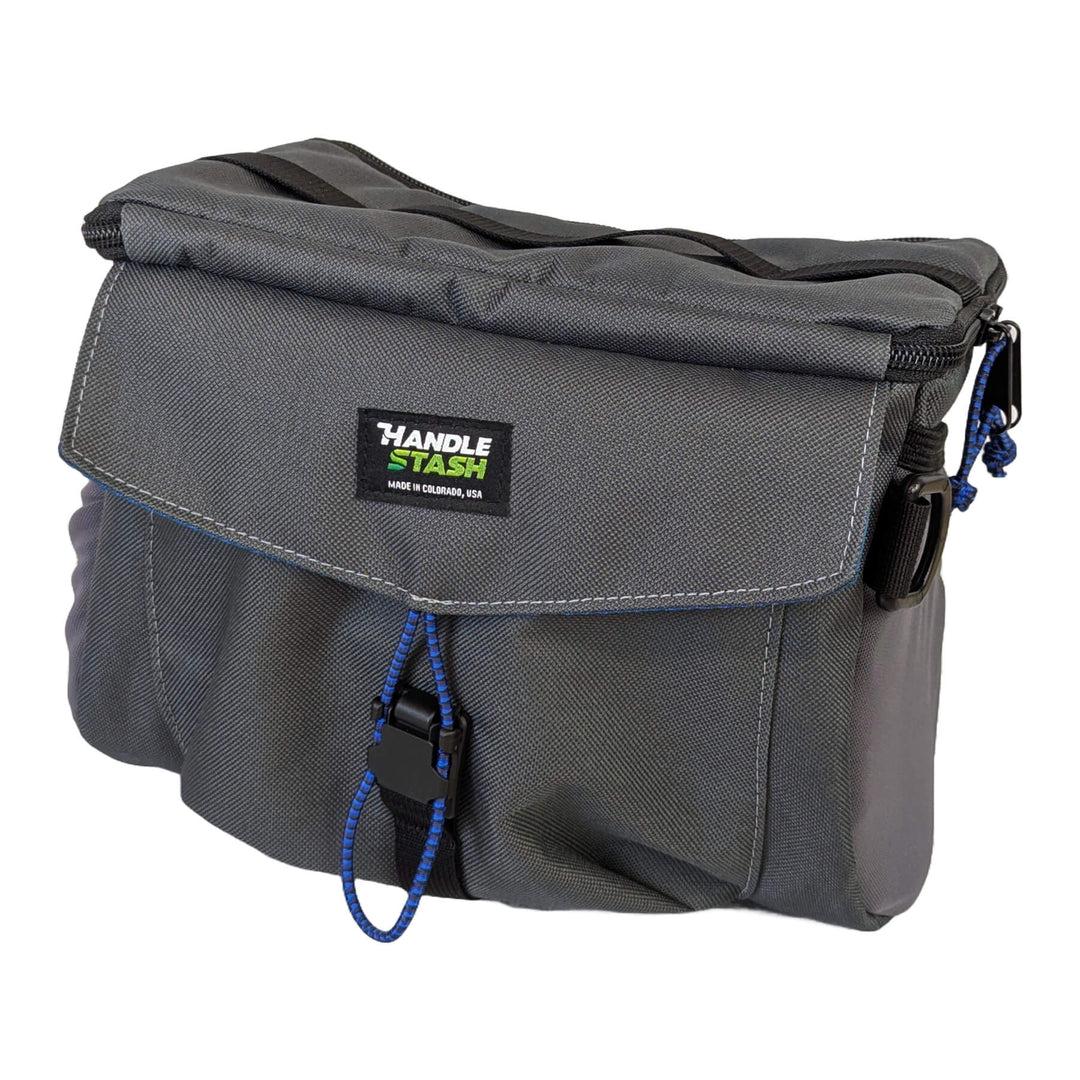 Charcoal stashquatch handlebar bag on white background