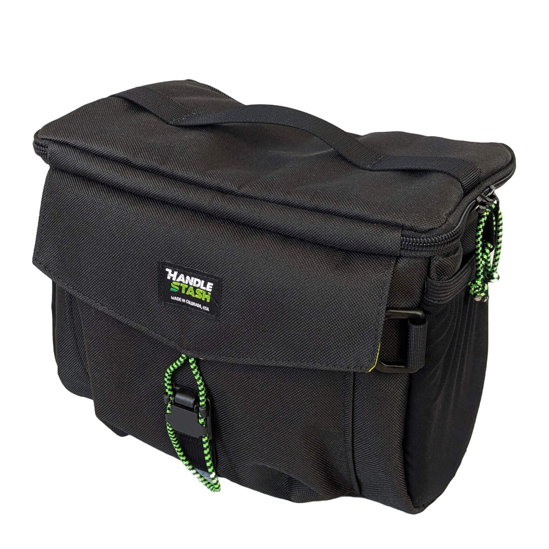 Black stashquatch handlebar bag on white background