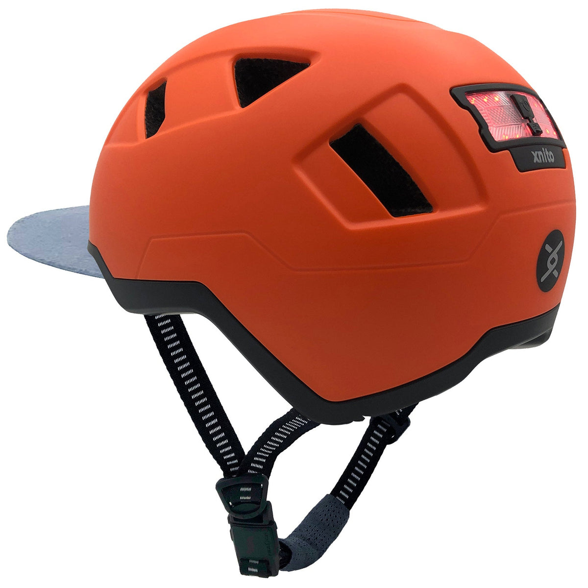 side view of xnito ebike helmet with visor in dutch orange