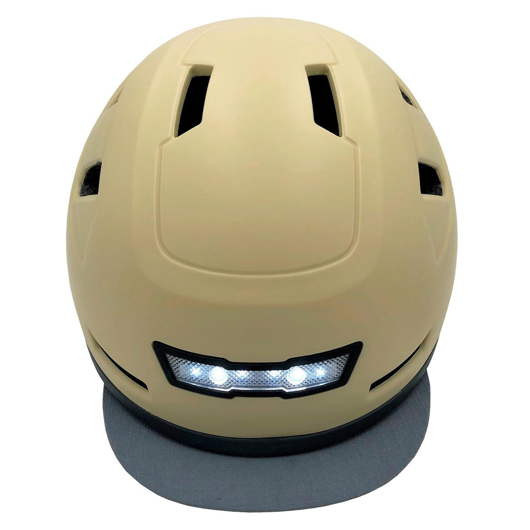 front view of xnito helmet with visor and lights in hemp green