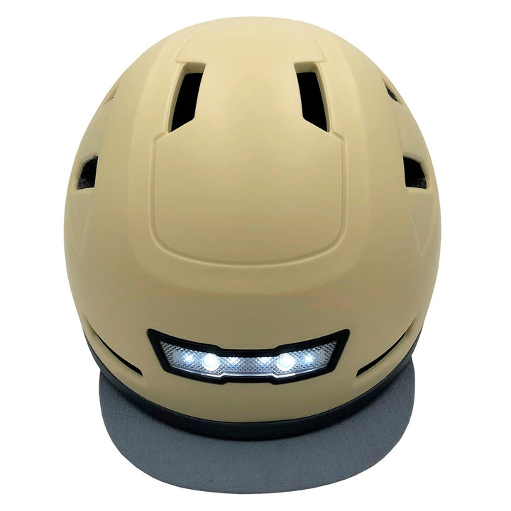 front view of xnito helmet with visor and lights in hemp green