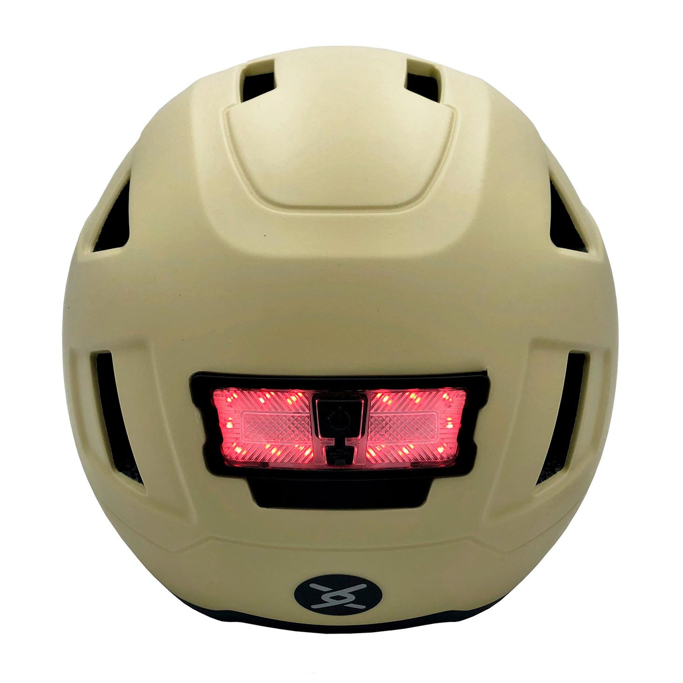 rear view of xnito helmet with lights in hemp green