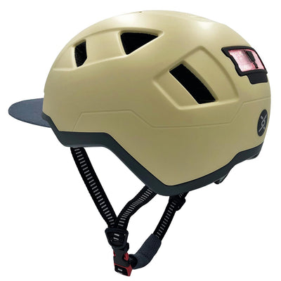 xnito ebike helmet with visor and lights in hemp green - side view