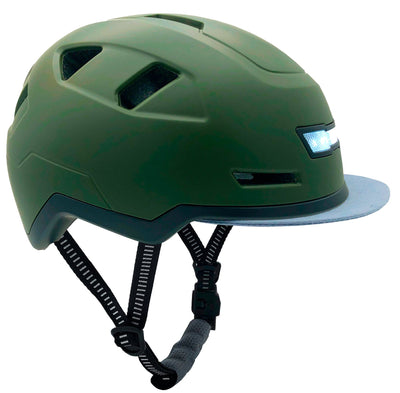 xnito ebike helmet side view with light and visor, moss green