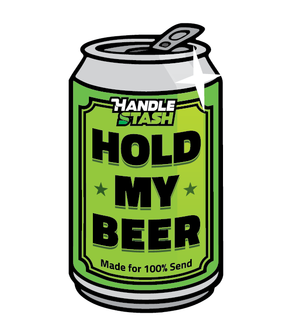 Beer can shaped sticker that says HOLD MY BEER.