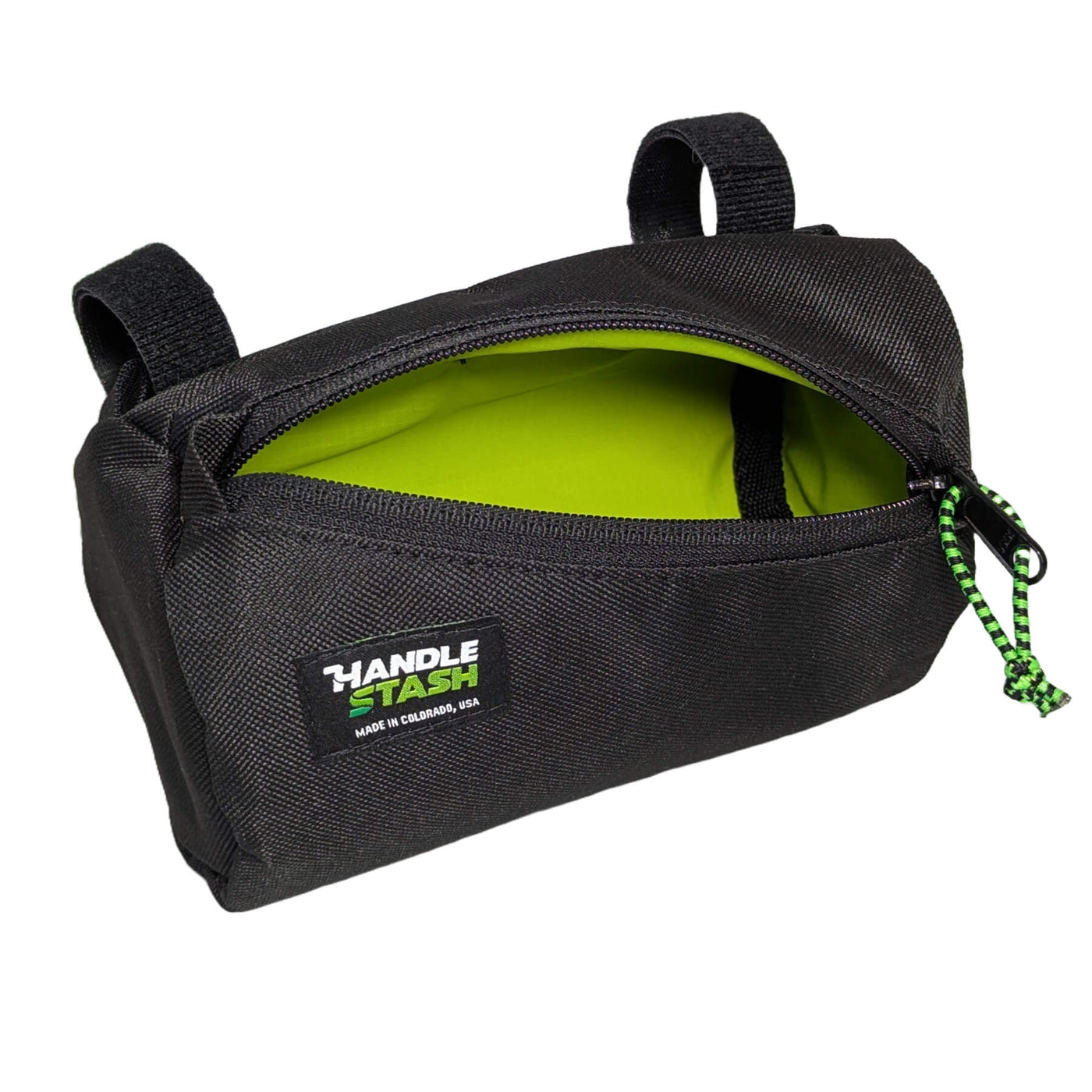 black Mini handlebar bag open with green liner