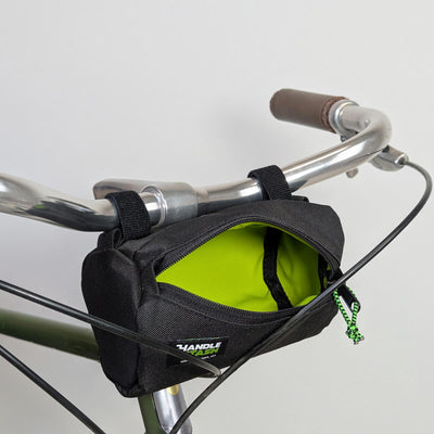 black Mini handlebar bag on bike open