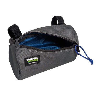 charcoal with navy liner Mini handlebar bag open