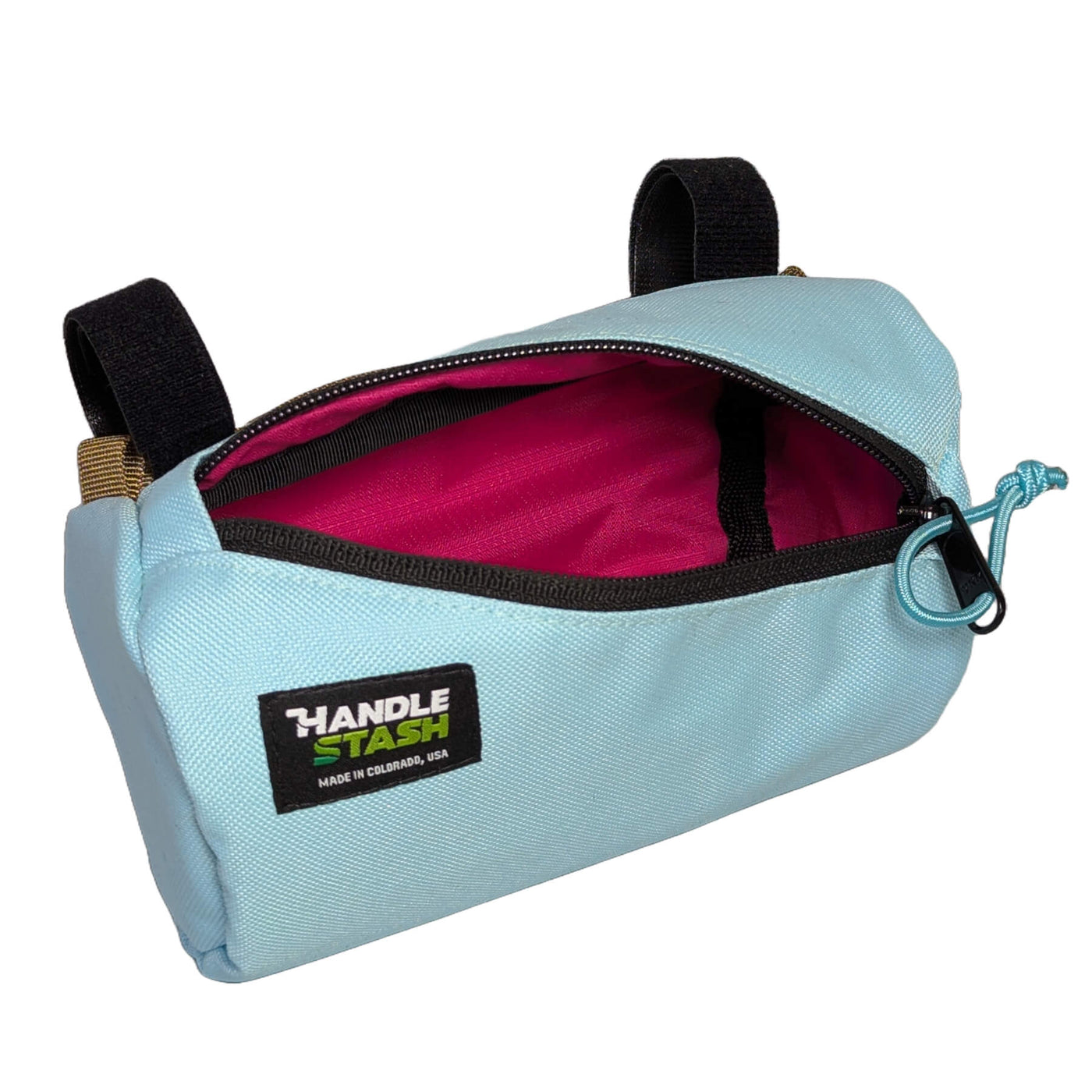 Mini handlebar bag open in light blue with pink liner