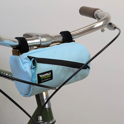 Mini handlebar bag on bike in light blue