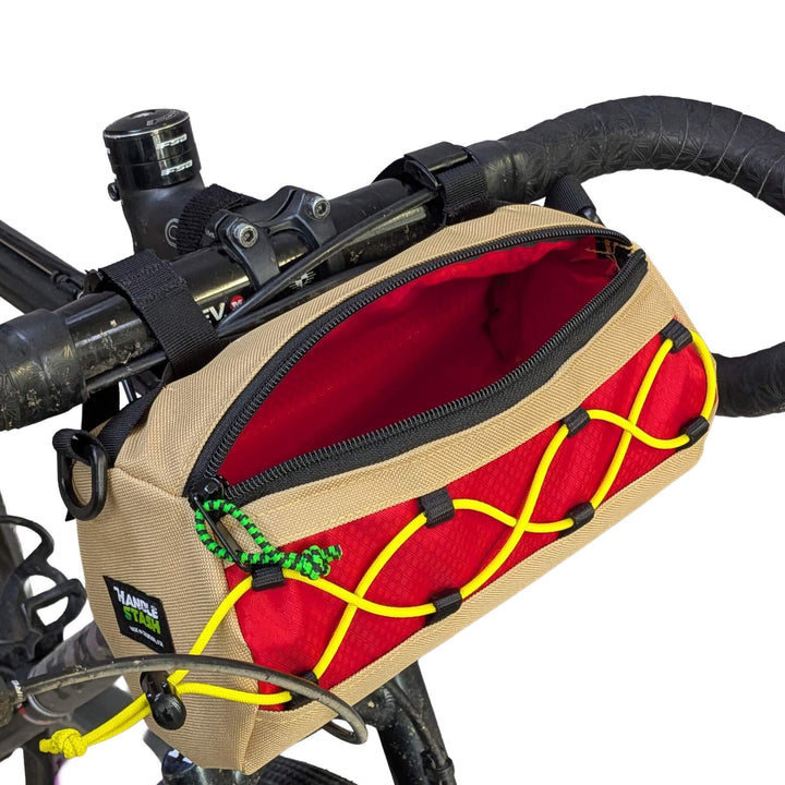 Hot Dog Themed Handlebar Bag with mustard shock cord and relish pull. 