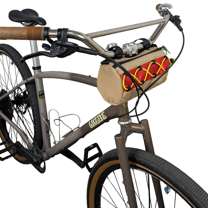 Hot dog themed handlebar bag on bike