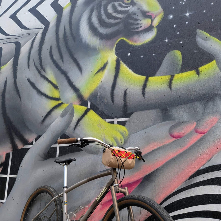 Hot dog themed handlebar bag on bike with mural background. 