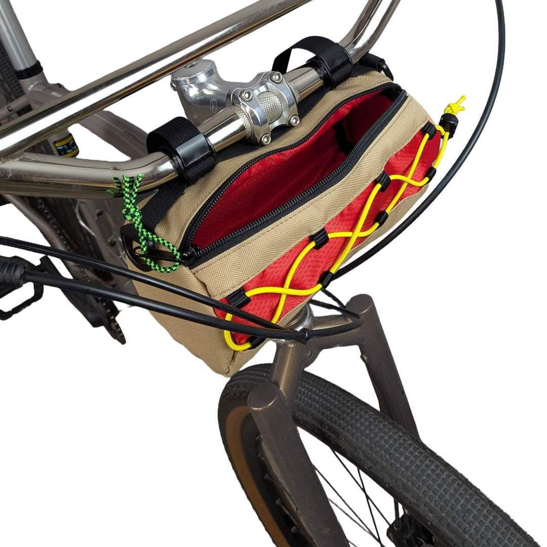 Hot dog themed handlebar bag close up showing interior