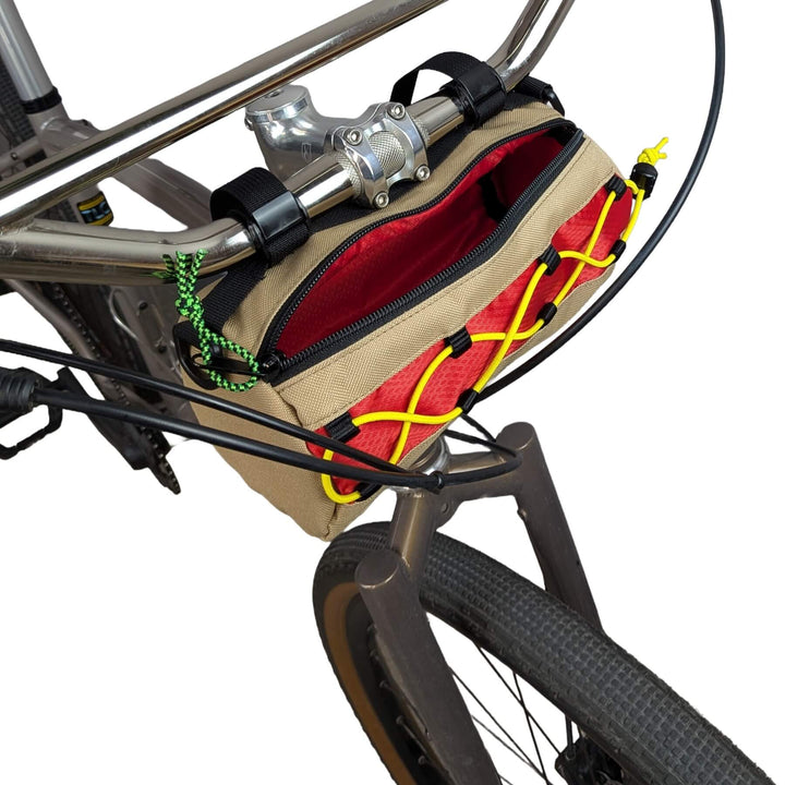 Hot dog themed handlebar bag close up showing interior
