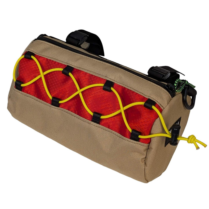 Hot dog themed handlebar bag on white background