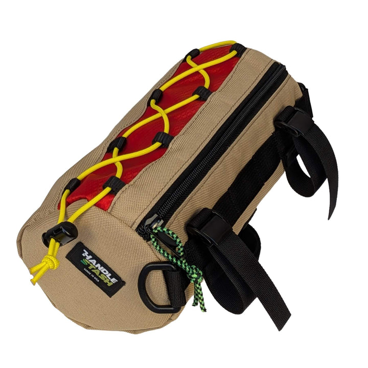 Hot dog themed handlebar bag on white background - side view with HandleStash tag