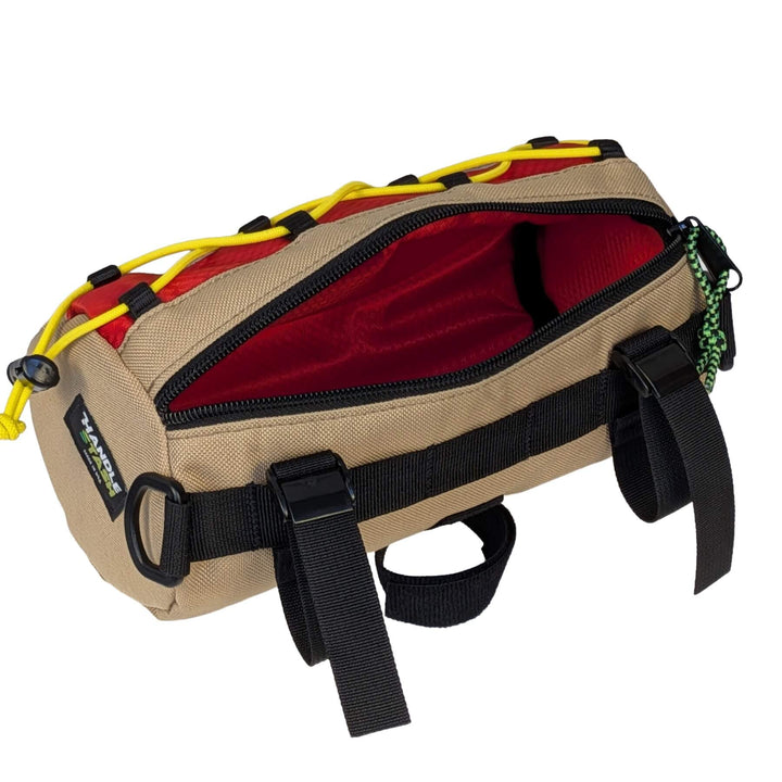 Hot dog themed handlebar bag interior close up