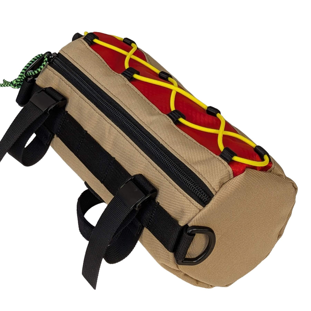 Hot dog themed handlebar bag on white background
