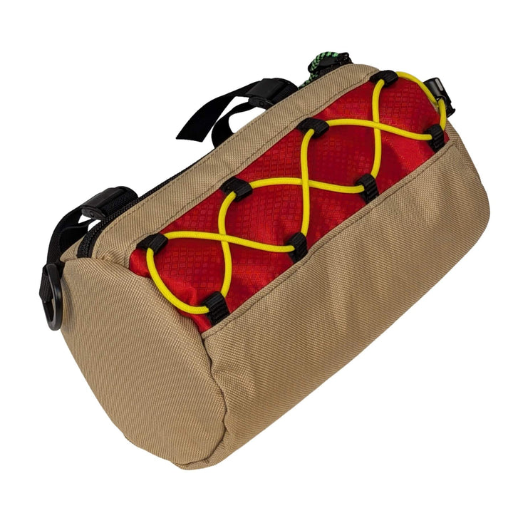 Hot dog themed handlebar bag on white background