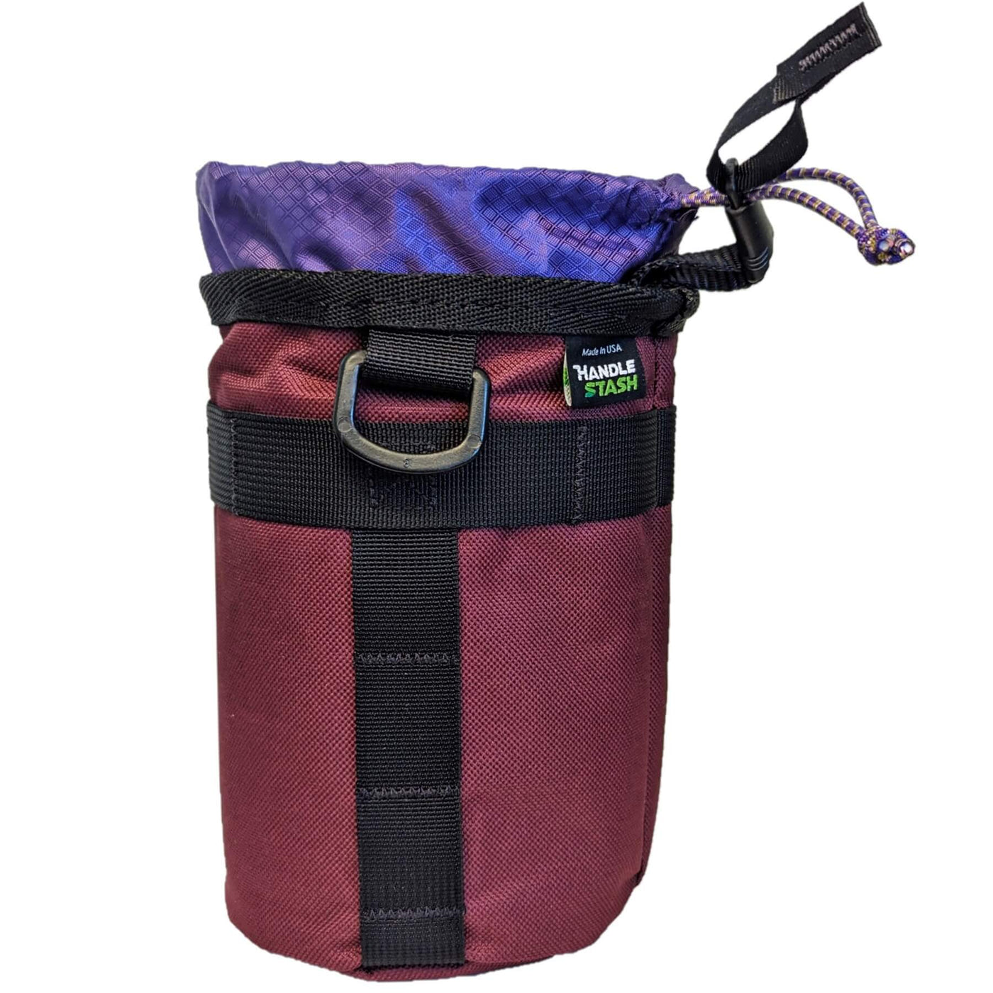 Purple stem bag with one hand open