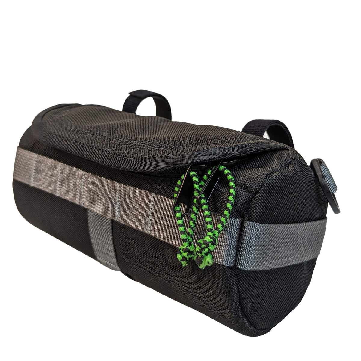 black handlebar bag with grey webbing and green zipper pulls