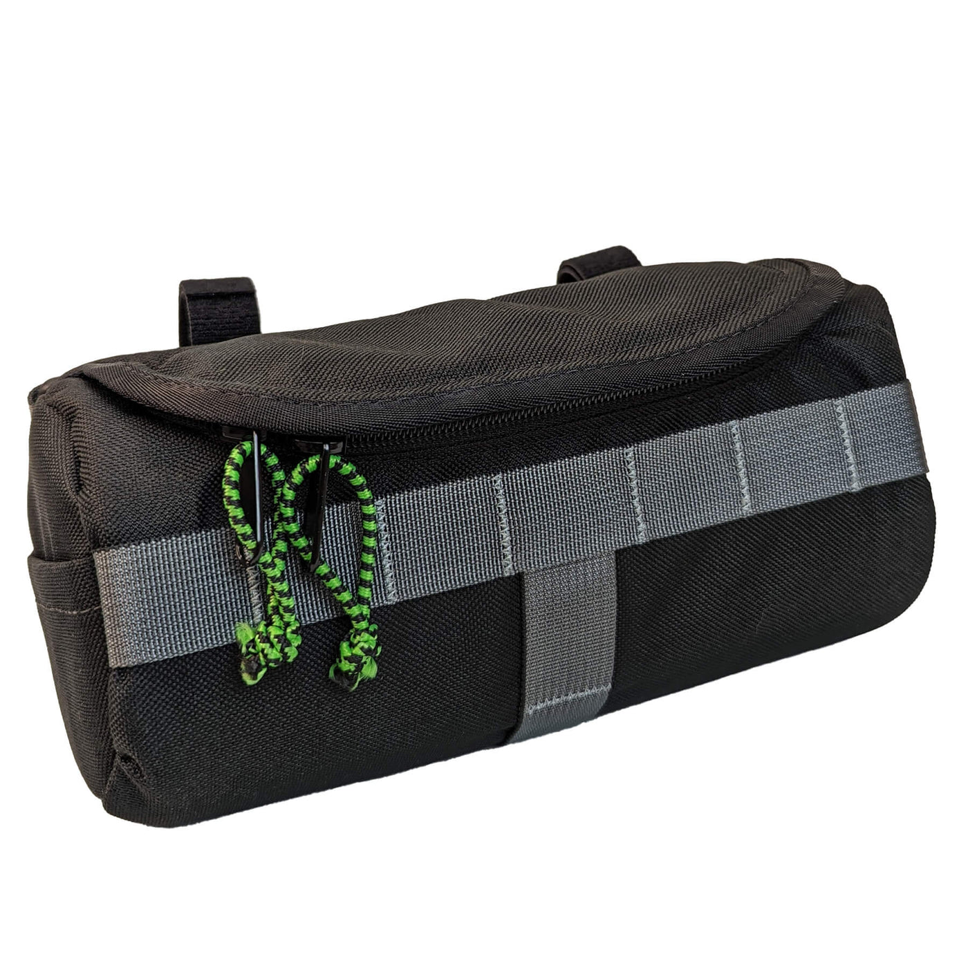 side view of black handlebar bag