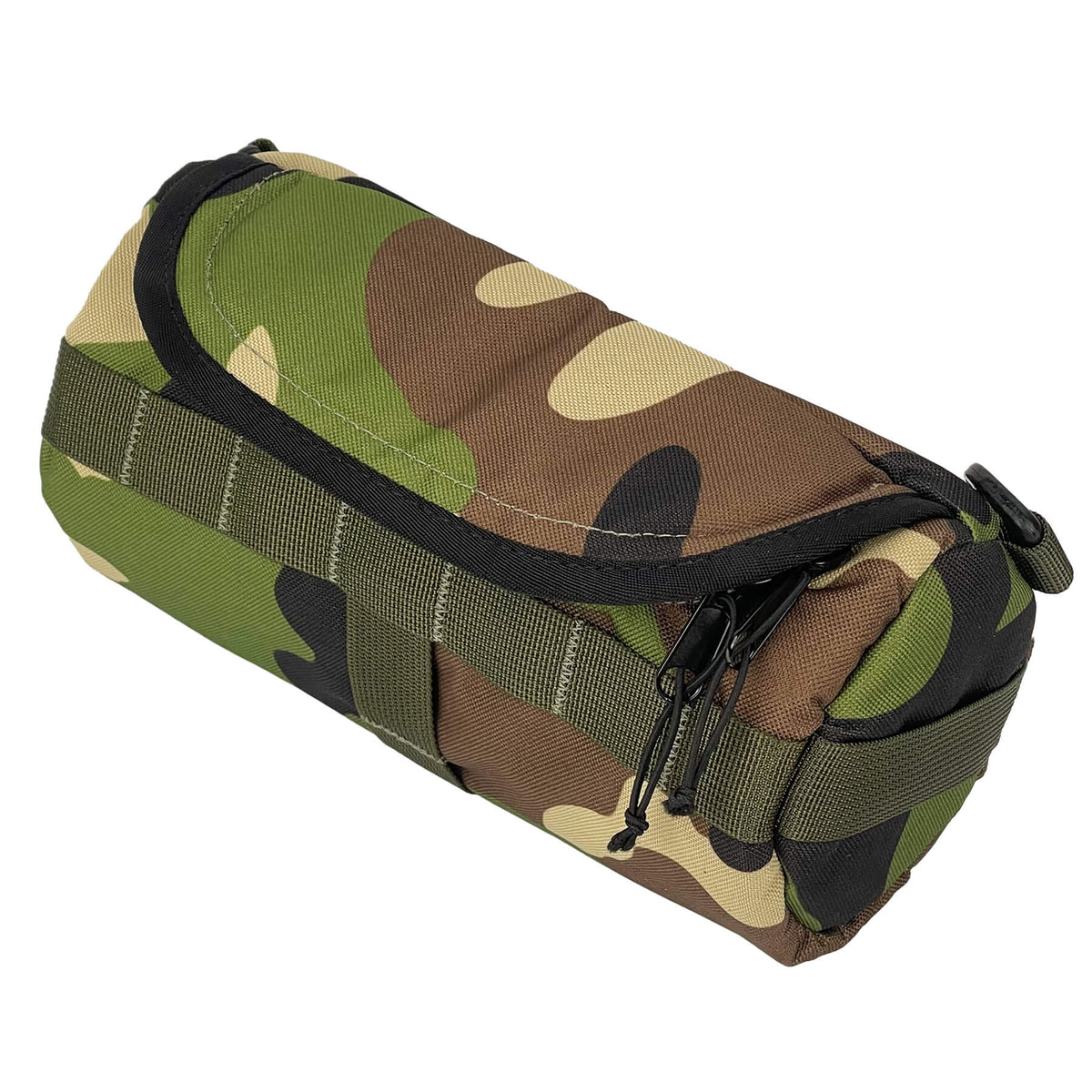 Camouflage HandleStash handlebar bag with large zipper opening. 