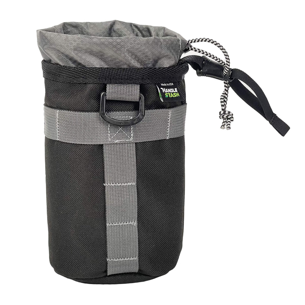 Black stem bag with grey liner -side view.