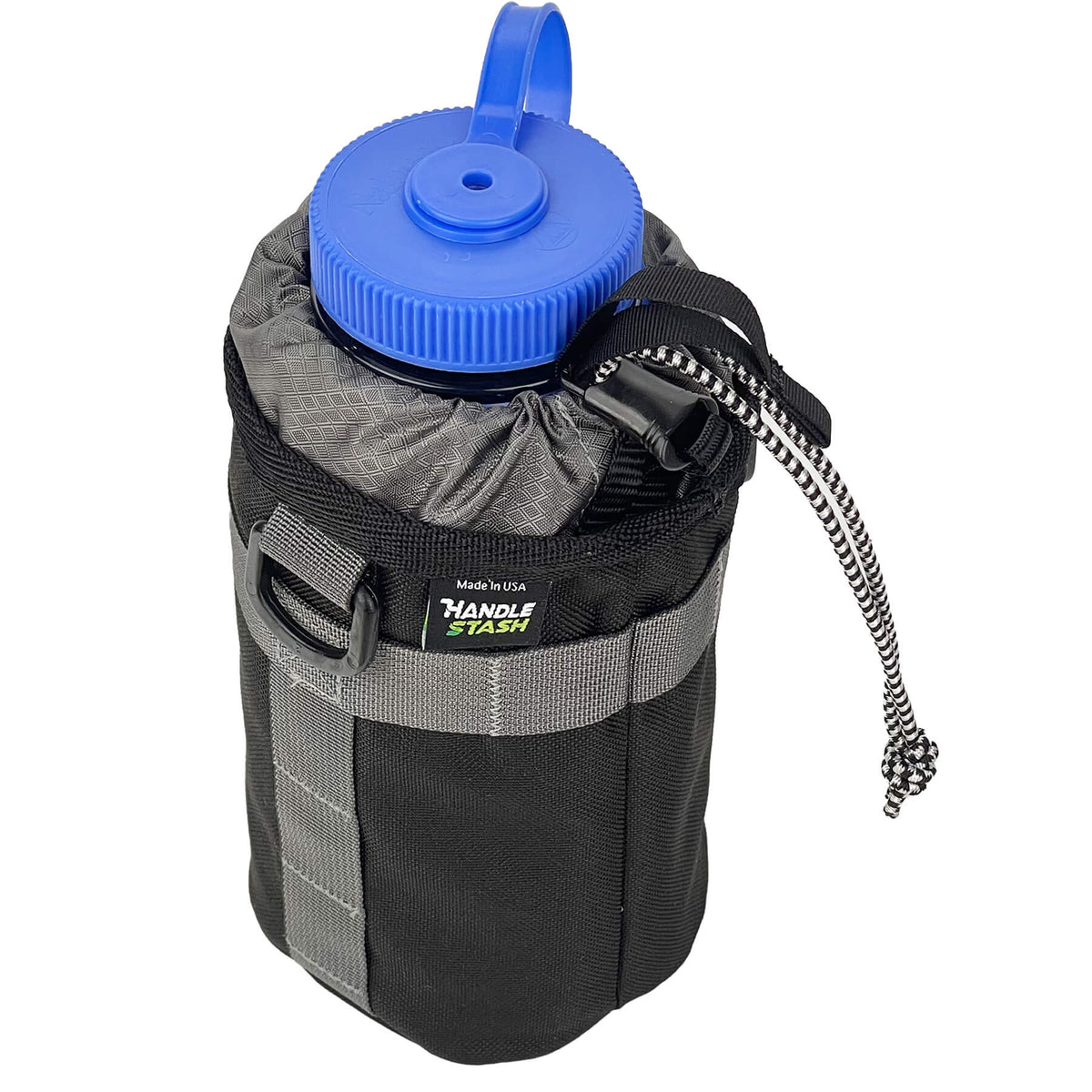 Black stem bag holding nalgene with grey liner -angle view.