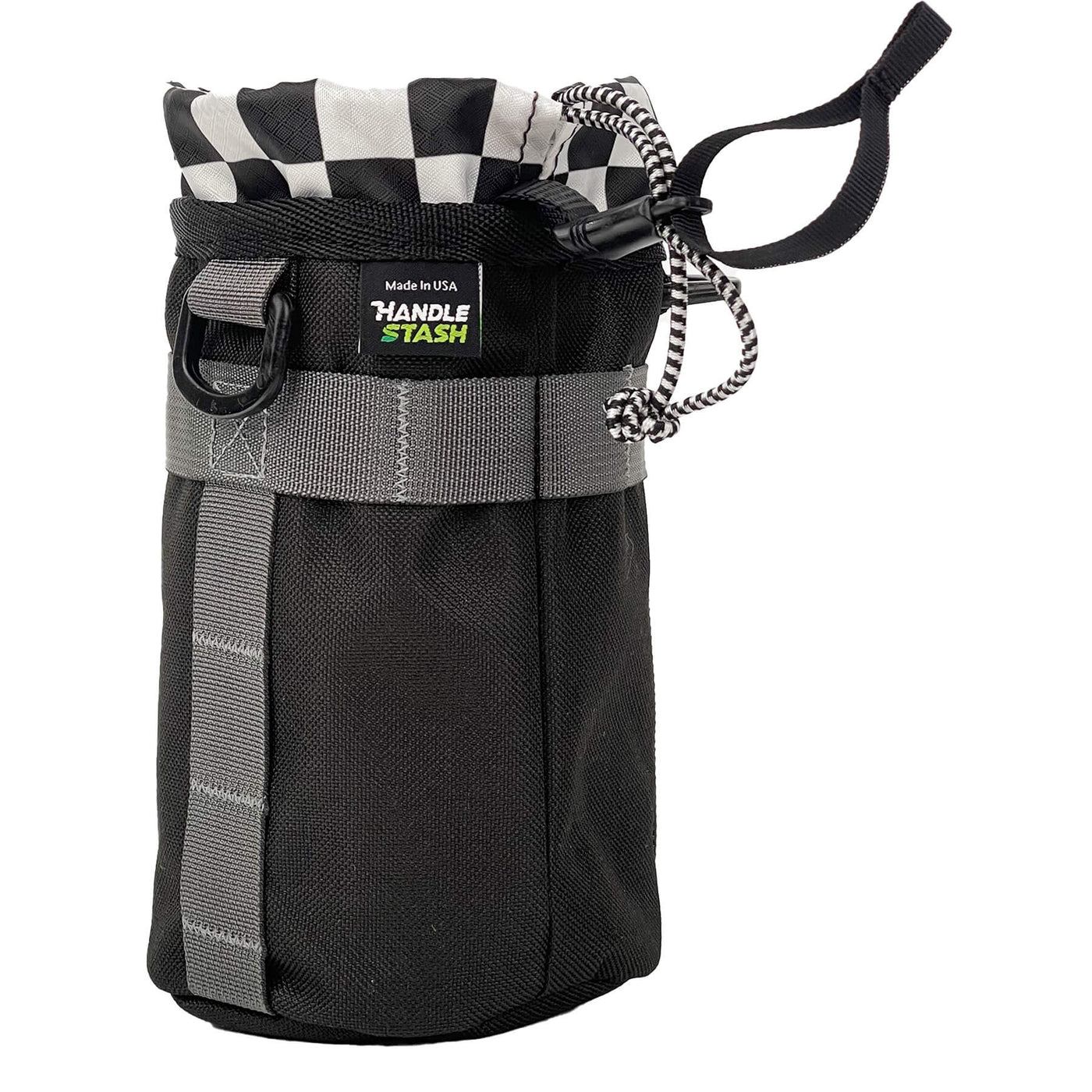 Black stem bag with checkered liner -side view.