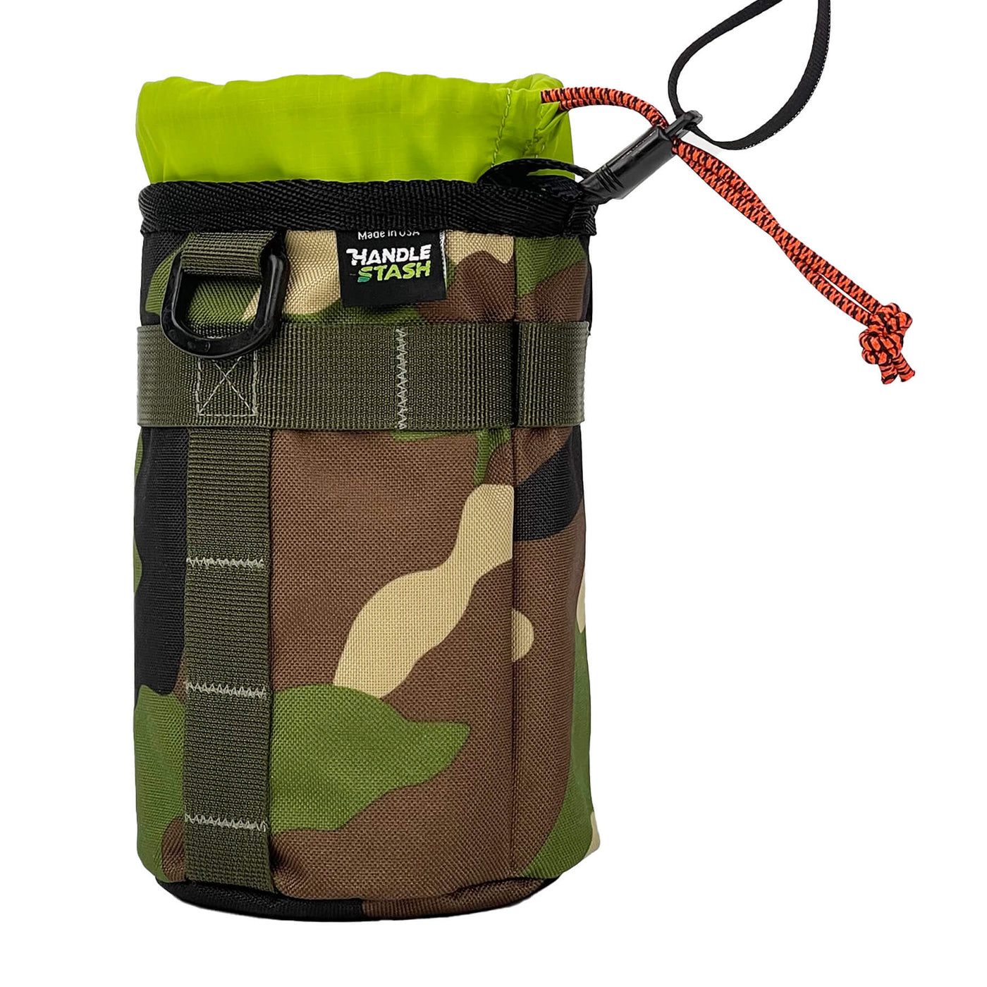 Camouflage bike stem bag with green liner side view.