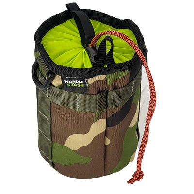 Camouflage bike stem bag with green liner with top closed.
