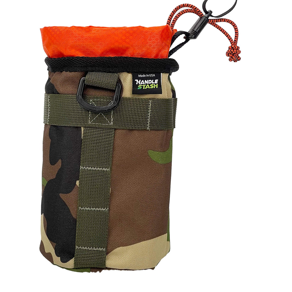 Camouflage bike stem bag with orange liner side view. 