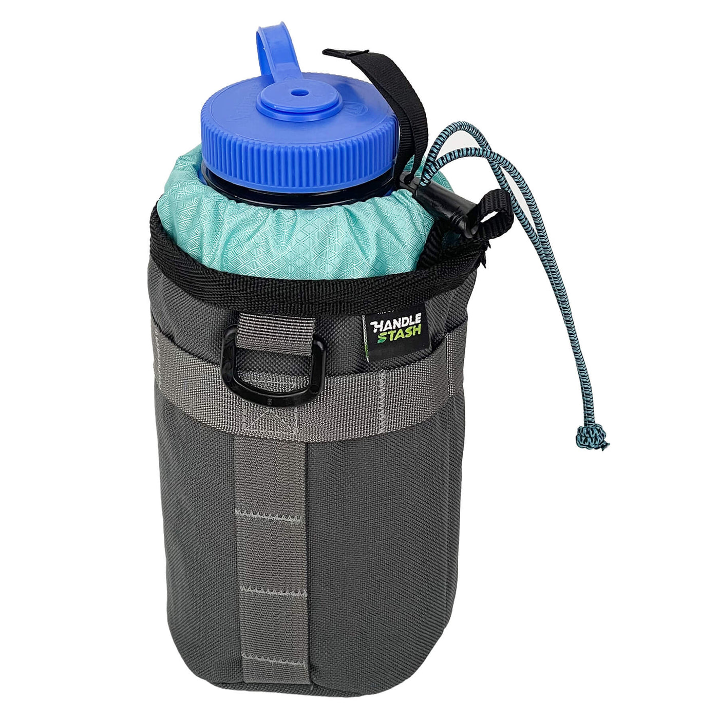 Charcoal stem bag with light blue liner holding a water bottle. 
