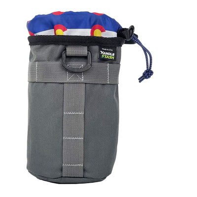 Charcoal stem bag with Colorado Flag liner - side view.