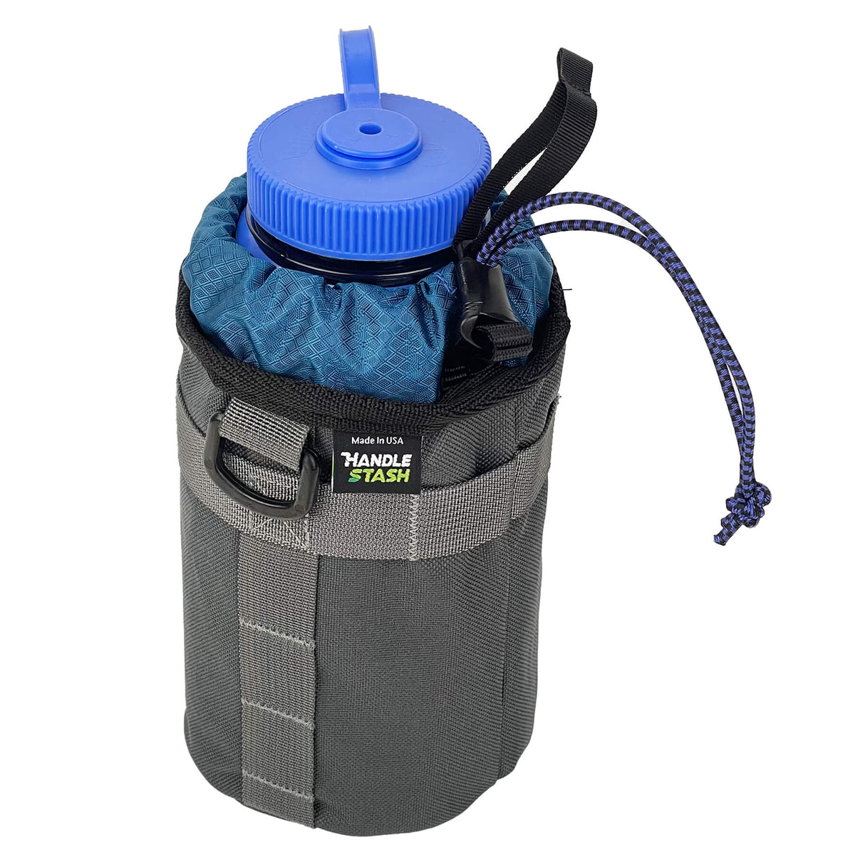 Charcoal stem bag with navy blue liner holding large water bottle. 