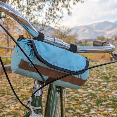 teal handlebar bag on Dutch bike