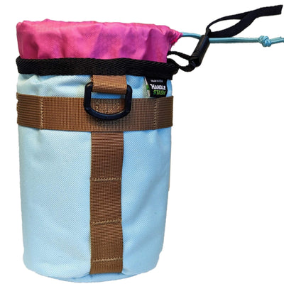 One handed open stem bag in teal and pink