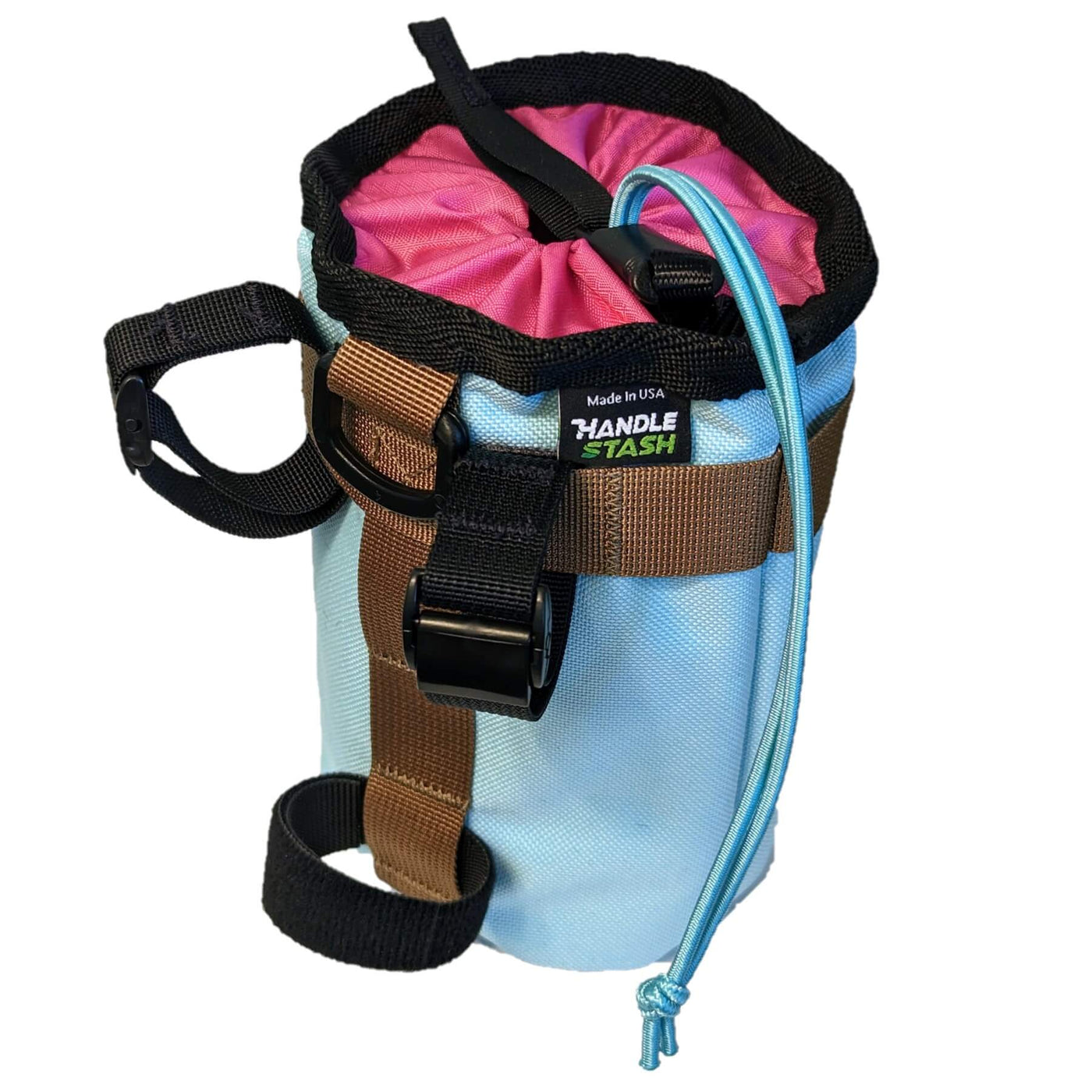 Insulated stem bag with straps in teal and pink
