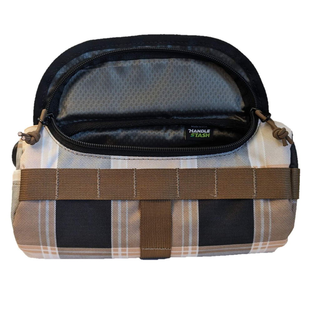 Plaid Handlebar bag with large opening. 