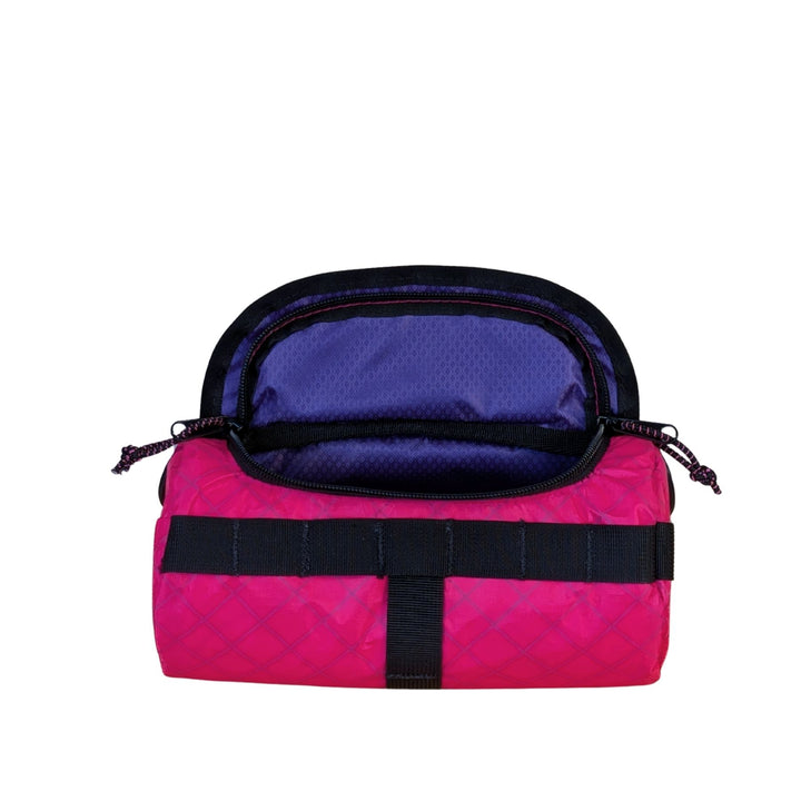 Pink ecopak burrito bag showing large opening with purple liner on a white background