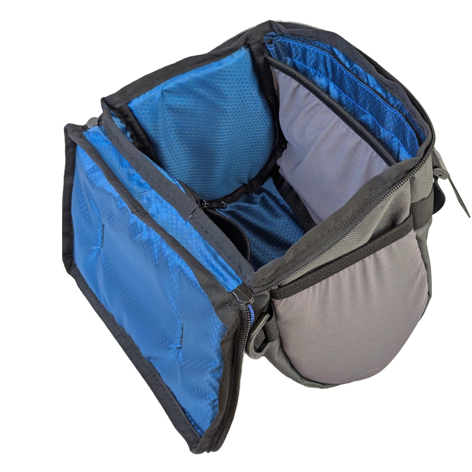 Charcoal Stashquatch with lid open view from side with blue lining
