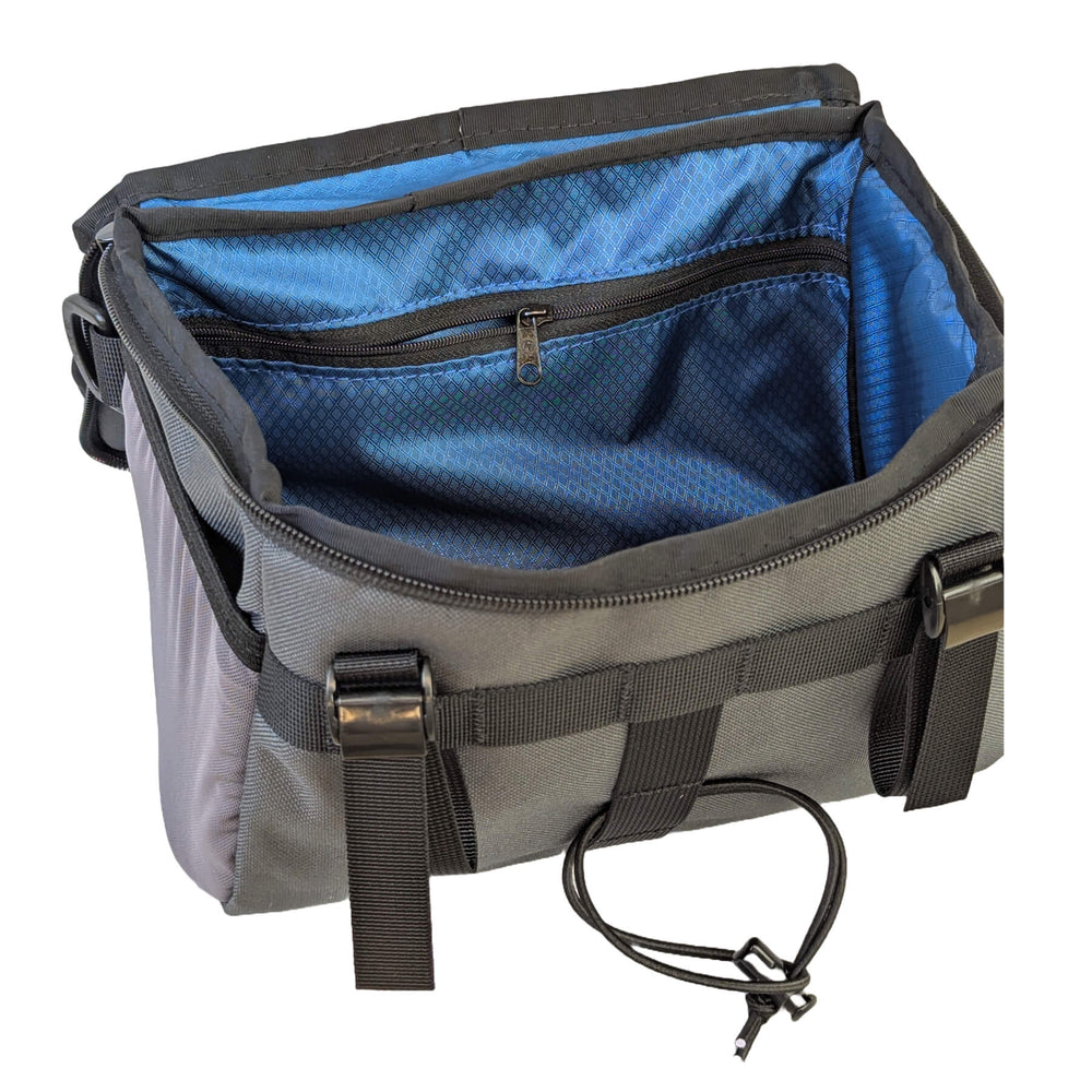 Charcoal Stashquatch with lid open looking at inside with blue lining