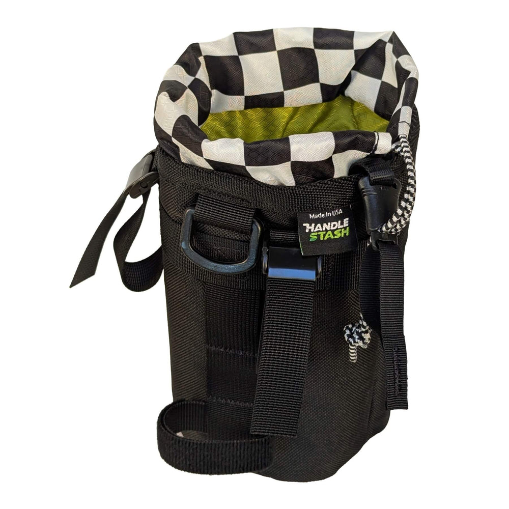 Black and checkered two-tone stem bag angled view 