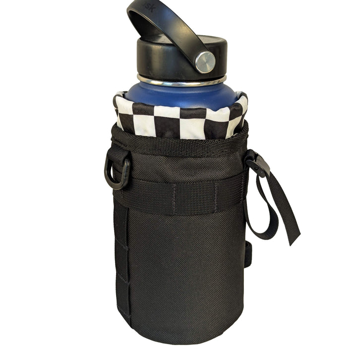 Black and checkered two-tone stem bag with large water bottle
